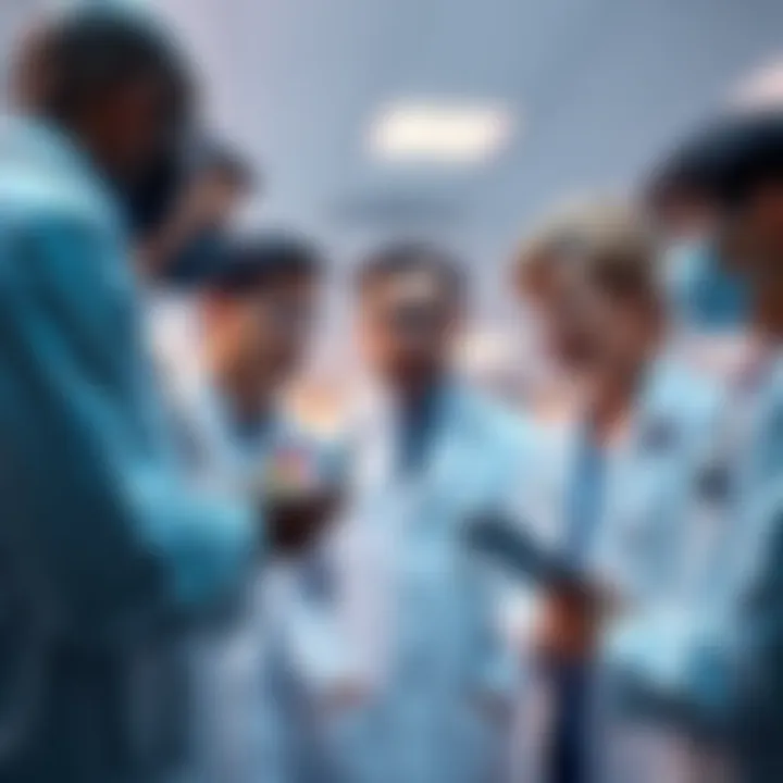 A concerned group of doctors discussing the health impacts of social media on children, emphasizing its risks like smoking.