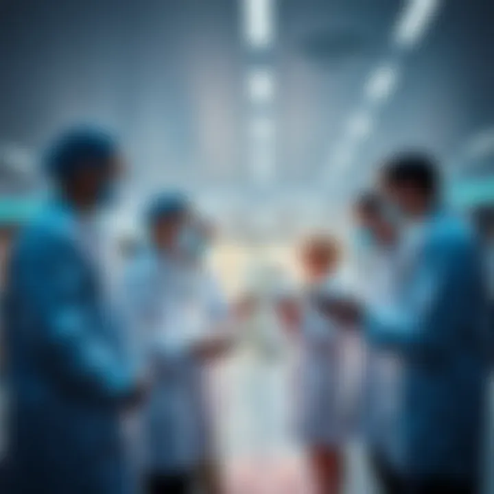 A group of healthcare professionals discussing new medical technologies in a bright hospital setting