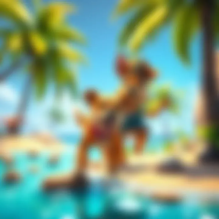 A playful dog following a player on an island, ready to help find treasures, in a vibrant game setting.