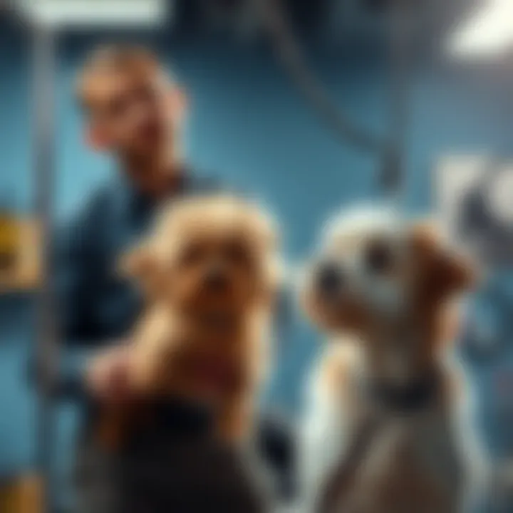 A dog groomer, feeling uncertain about the future due to AI changes, stands next to a well-groomed dog, looking thoughtful.