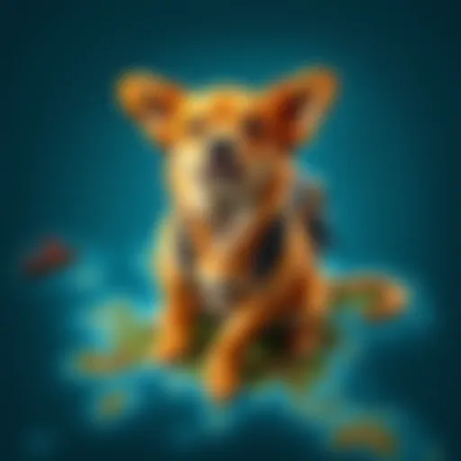 A playful dog wearing a backpack sits on an island map, creating a funny scene.