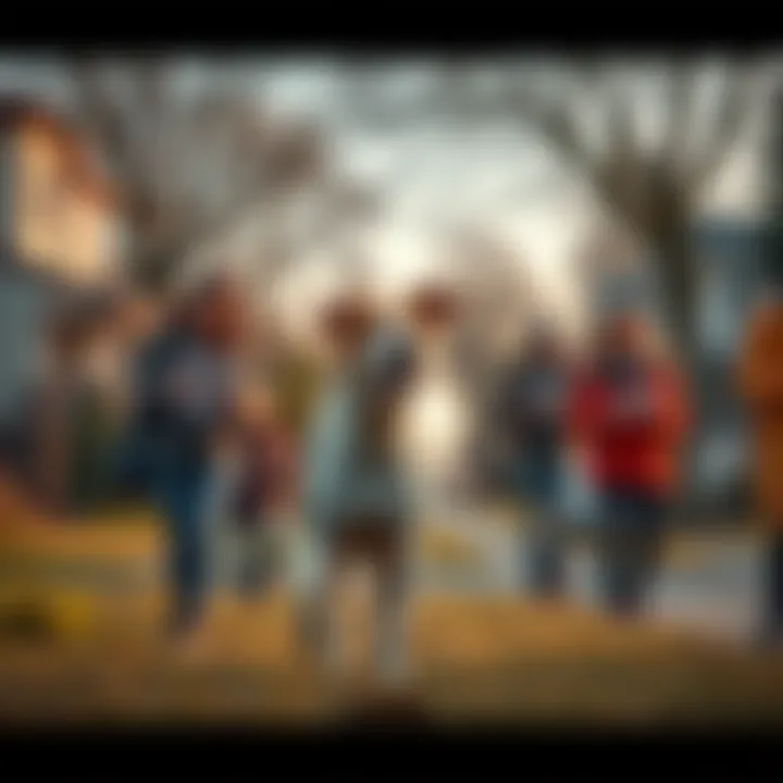 A team of people searching for a lost dog in a suburban area, looking hopeful while holding flyers and calling the dog's name