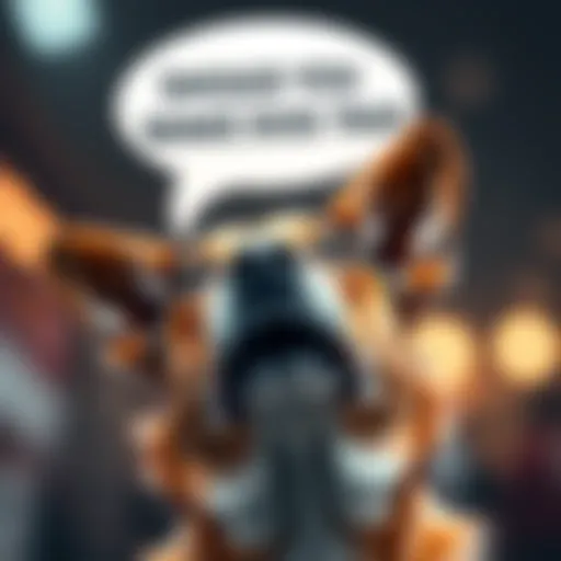 A dog looking up with a speech bubble above its head indicating it's trying to communicate.