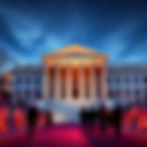 The Department of Justice building with American flags and people gathering outside, discussing policies.