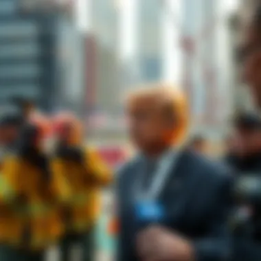 Donald Trump speaking to reporters at a construction site in Manhattan, surrounded by first responders and journalists on September 11, 2001