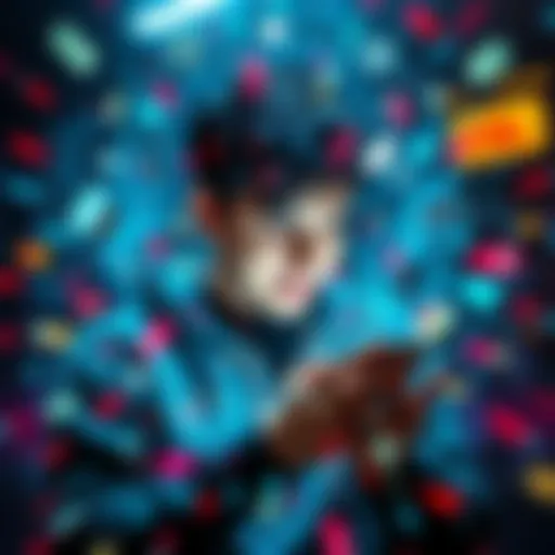 A digital art piece showing a person engrossed in doomscrolling on a smartphone, with swirling effects around them representing overwhelming information.