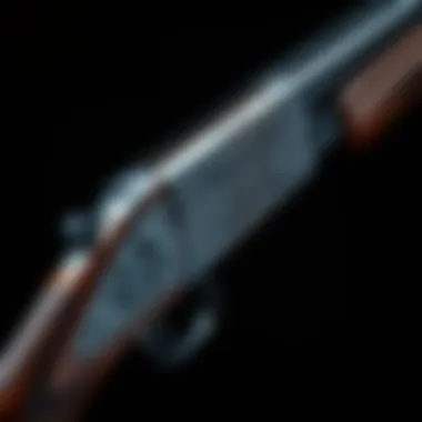 A detailed view of a 12 gauge double barrel hammer shotgun with intricate engravings and textures.