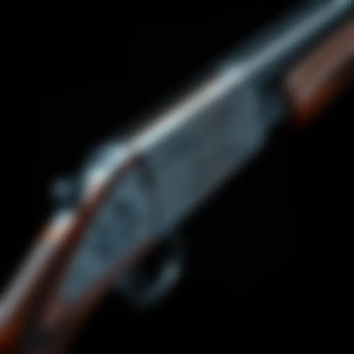 A detailed view of a 12 gauge double barrel hammer shotgun with intricate engravings and textures.