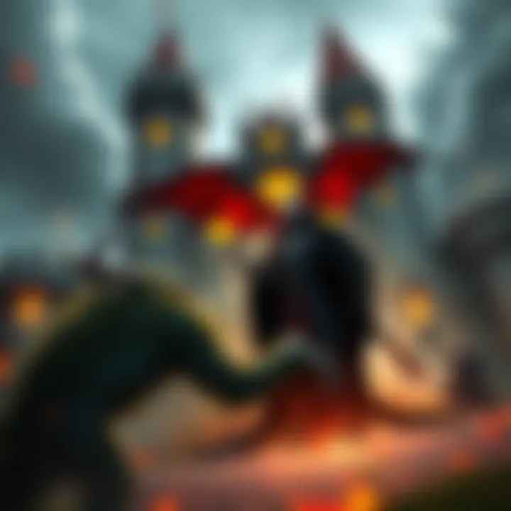 Dracula stands in front of his castle, preparing to fend off invading humans with monsters by his side.
