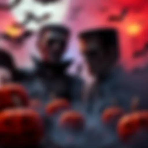 A scene featuring Dracula and Frankenstein with spooky elements like bats and pumpkins for Halloween.
