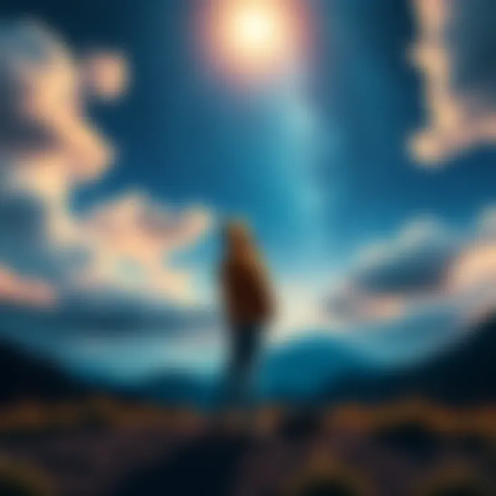 Dream and Reality A person standing in a serene landscape, looking up at a starry sky while contemplating a dream with a glowing light above them.