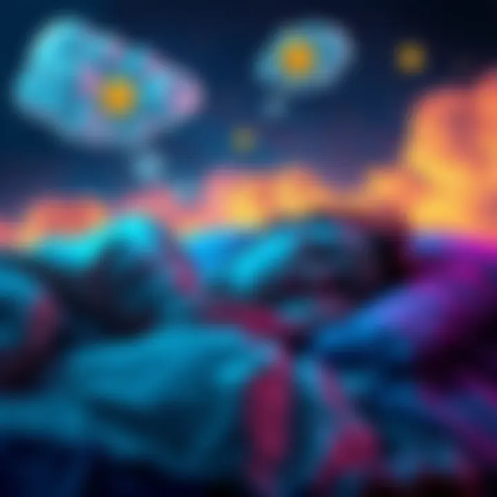 A colorful scene depicting a person asleep with thought bubbles showing dream symbols like stars and clouds.