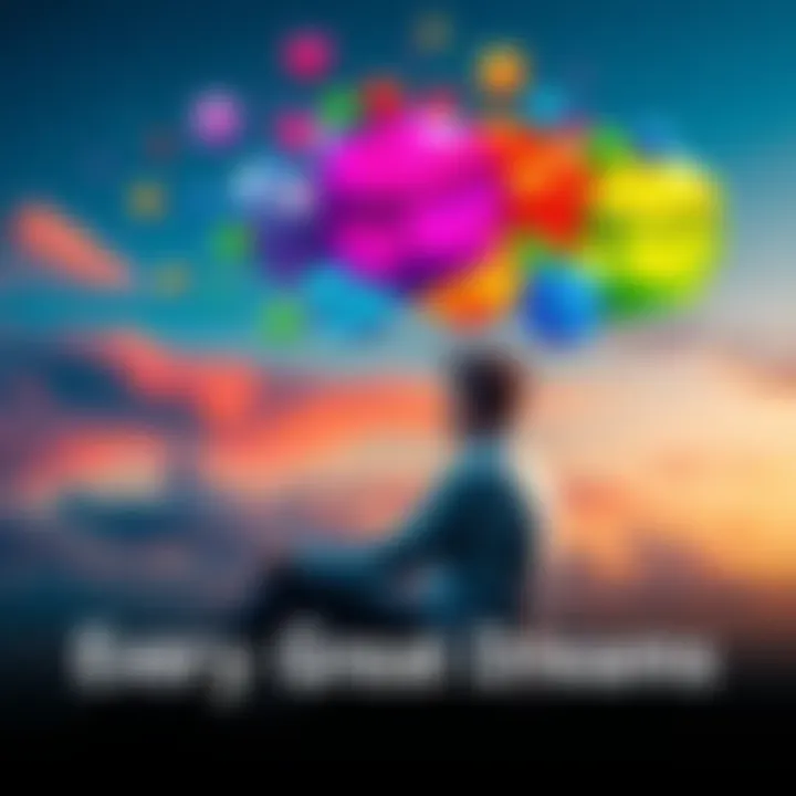 A person sitting peacefully, dreaming with various colorful thought bubbles above their head representing ideas and visions for change.
