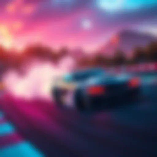 A vibrant scene showcasing a sleek car drifting on a winding race track, with smoke trailing behind it.