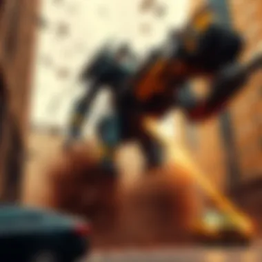 The massive Driller creature from Transformers 3 tearing through a city block, causing destruction with debris flying around.