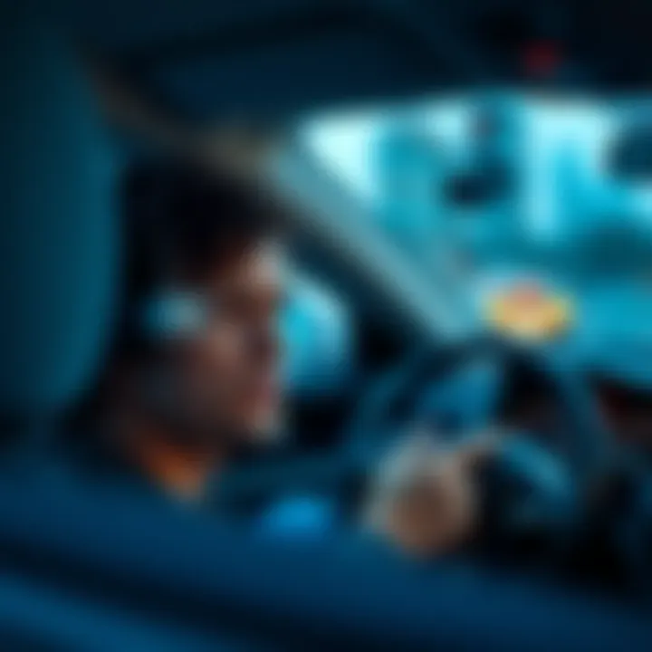 Driver with facial recognition camera A close-up of a driver in a car with a facial recognition camera installed on the dashboard monitoring their expression and attentiveness