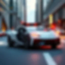 A futuristic driverless car operating on city streets with no visible steering wheel.