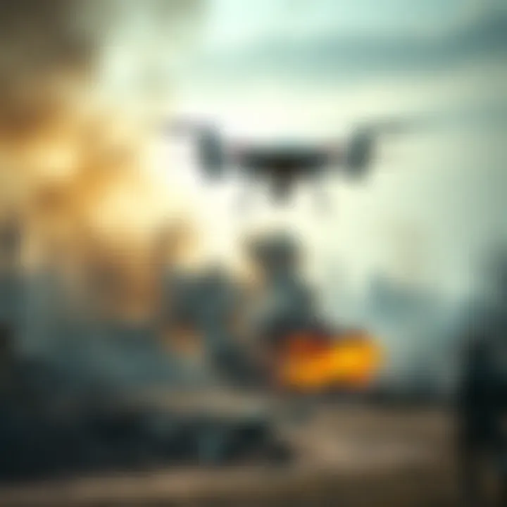 A drone hovers over a damaged area in Ukraine, smoke rising from the ground after an attack, highlighting the devastation caused.