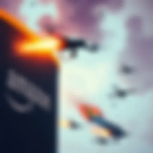 An illustration showing Iranian drones attacking Amazon data centers in the UAE, with smoke and chaos.