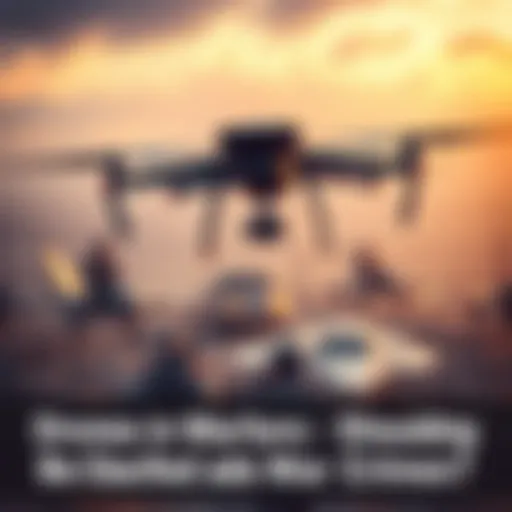 A drone flying above a war zone, highlighting the use of technology in modern warfare