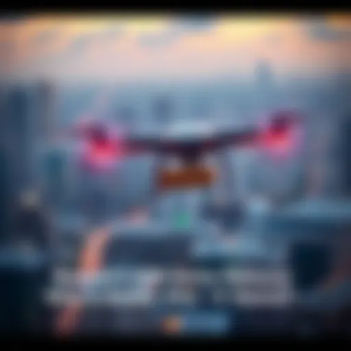A drone flying above a cityscape, carrying a package for delivery