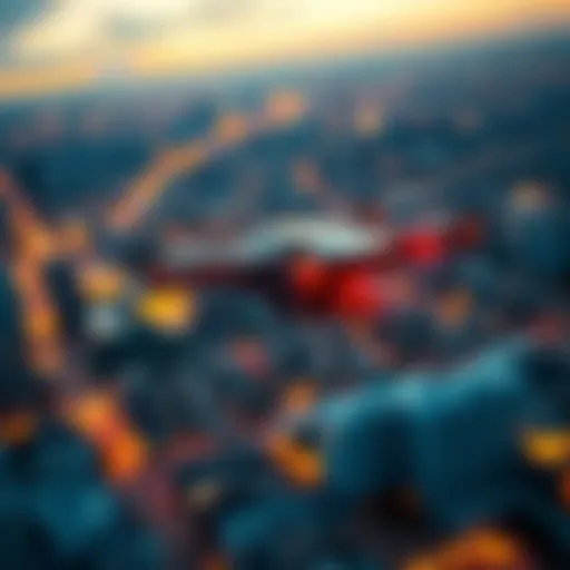 A drone flying above a cityscape, showcasing modern technology