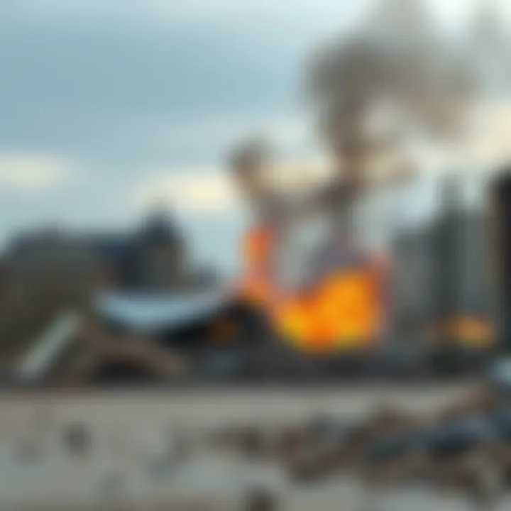 Drone strike aftermath in Ukraine Destruction caused by a drone strike in a Ukrainian city, with debris scattered and smoke rising in the background.