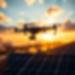 Drones flying over a solar farm, clearing clouds to enhance energy production