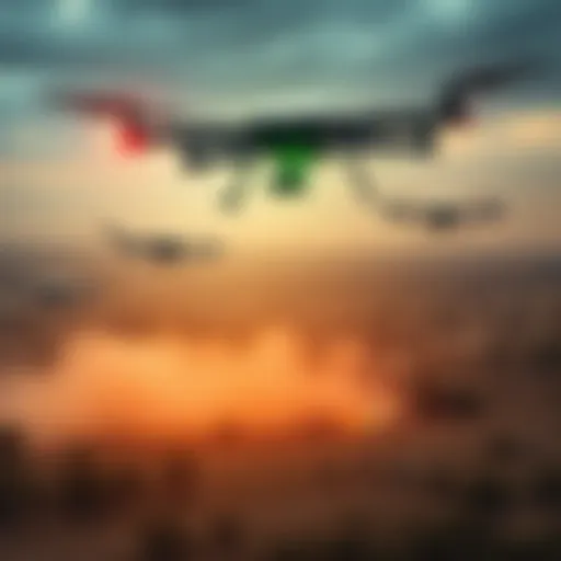 Drones and robots surveying an enemy area from above, showcasing military technology in action without human oversight.