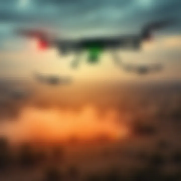 Drones and robots surveying an enemy area from above, showcasing military technology in action without human oversight.