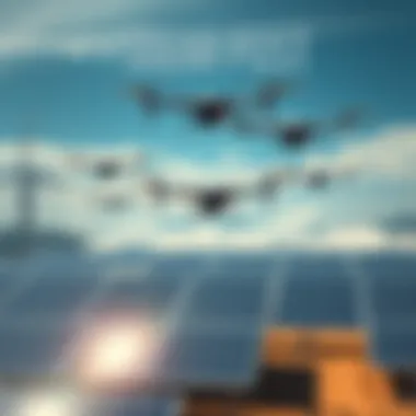 A swarm of autonomous drones flying over a solar farm, clearing clouds to enhance energy production.
