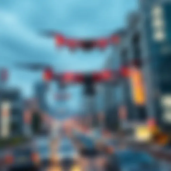 Drones flying above a busy street in Shenzhen, monitoring cars for traffic violations.