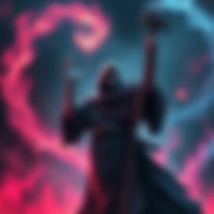 A Drow Mage, dressed in dark robes, raises a staff surrounded by swirling magical energies in a fantasy setting.