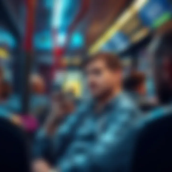 A drunken man on a London bus holding a phone, engaged in a conversation with an AI voice. Fellow passengers look surprised and intrigued.