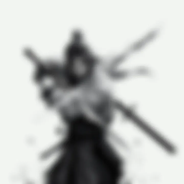 A dynamic monochrome portrait of a character wielding two swords, displaying strength and skill in their stance.