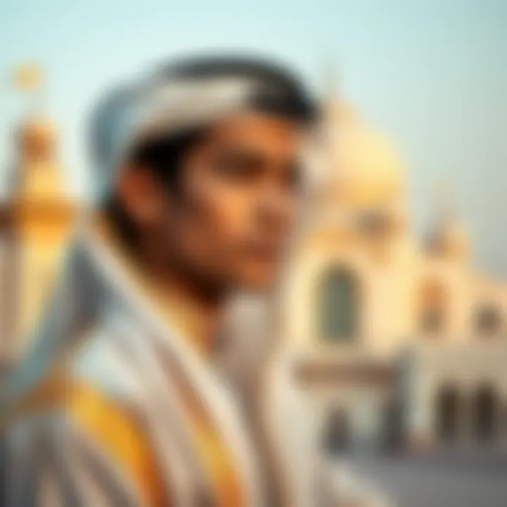 A young prince from Dubai dressed in traditional Emirati attire, looking thoughtful against a backdrop of the royal palace.