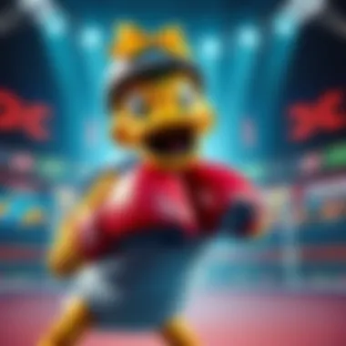 A colorful duck character wearing boxing gloves ready to fight in a game arena