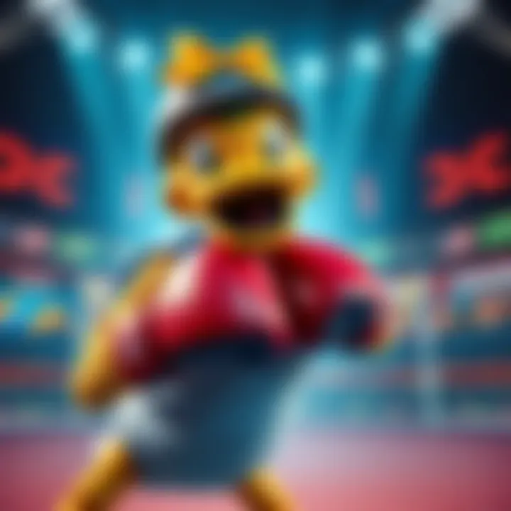 A colorful duck character wearing boxing gloves ready to fight in a game arena