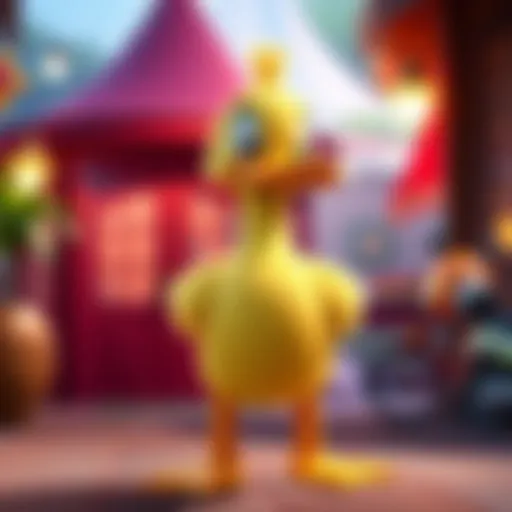 Ducky, a cheerful yellow duck character from Pixar's 1995 film, smiling and standing in a colorful animated environment