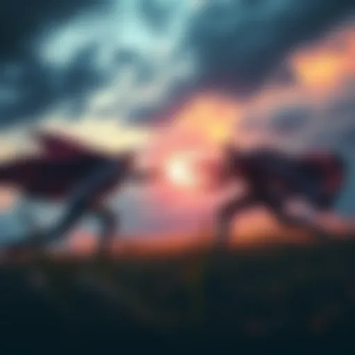 Two contenders clash in a fierce battle amidst dark clouds and lightning, showcasing strategic moves and intense competition.