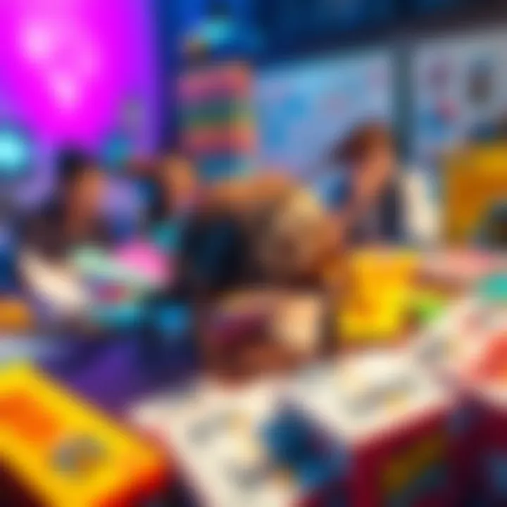 A creative marketing scene featuring a Dung Beetle Metroidbrainia surrounded by colorful promotional materials and engaged people