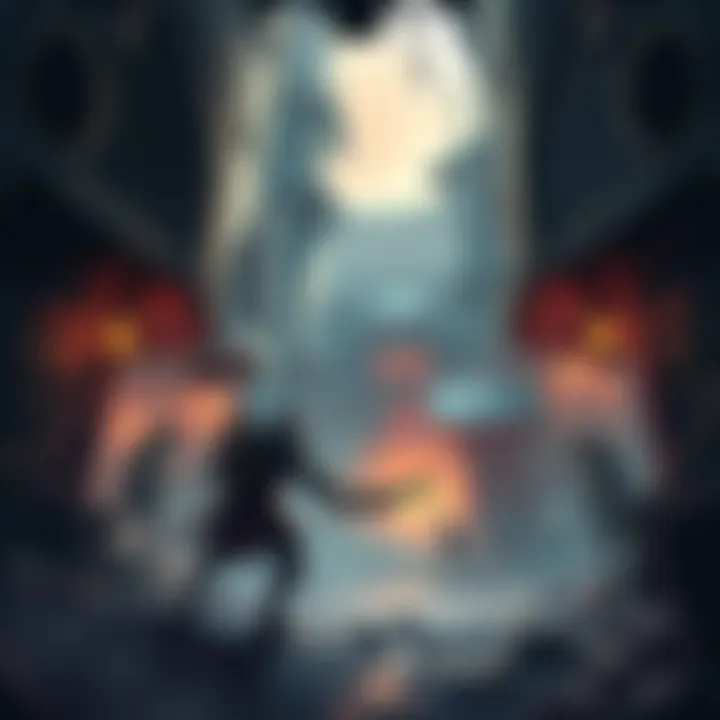 Concept art showing a dark fantasy dungeon environment with detailed graphics and characters in action.