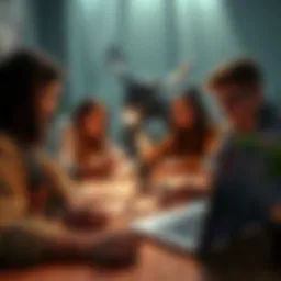 A group of friends gathered around a table, playing Dungeons & Dragons with character sheets, dice, and a laptop open for AI assistance.