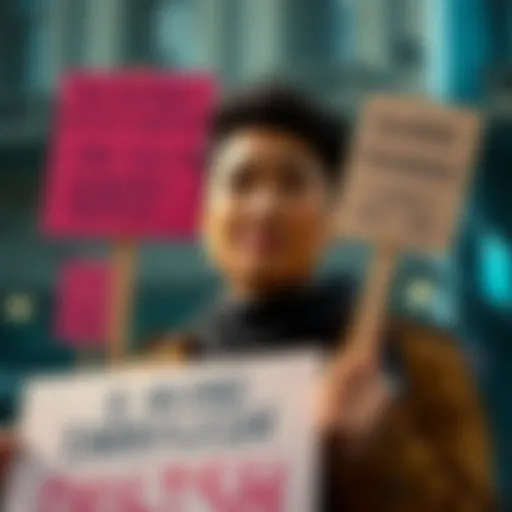 A person expresses frustration over Duolingo's AI-first approach with protest signs about job loss and human disconnection in language learning.