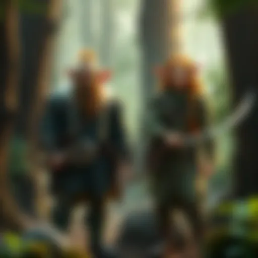 A determined dwarf and a wise wood elf druid standing together in a forest, ready for an adventure.