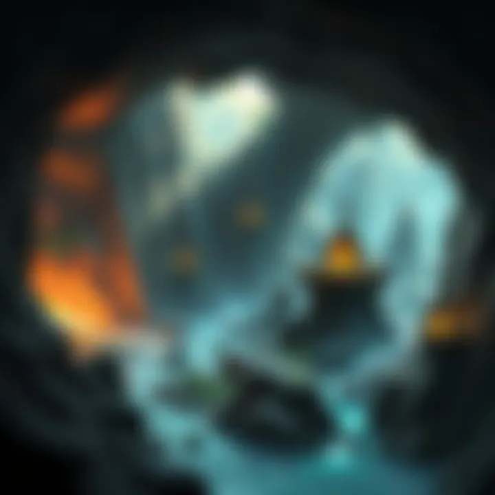 Artistic rendering of various biomes for a dwarven roguelite game, showcasing rocky caverns, underground rivers, and glowing crystals