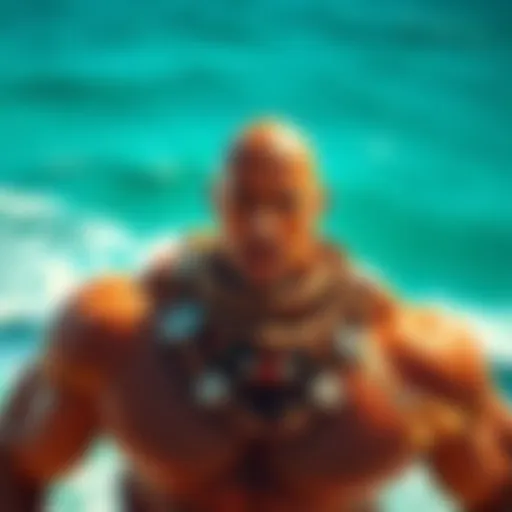 Dwayne Johnson as he appears in the Moana live-action trailer, showcasing a vibrant scene with ocean background.