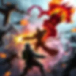 A player character engaged in an intense battle with enemies, showcasing action-packed combat mechanics.