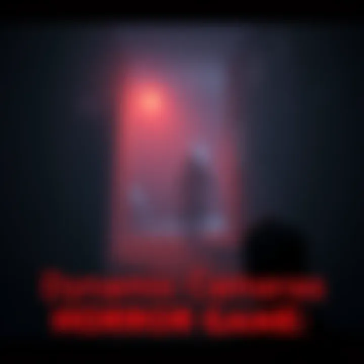 A chilling scene from a horror game featuring a dynamic camera angle, showcasing a dark, eerie environment with unsettling shadows and a looming figure in the background.