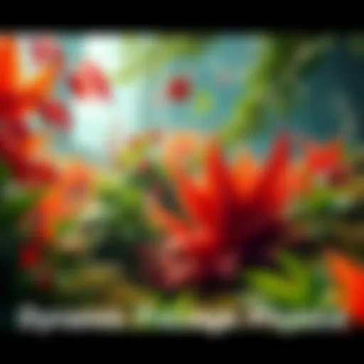 A vibrant game scene showcasing interactive foliage swaying in the wind, illustrating the features of the Etherion Foliage Plugin for Unreal Engine 5.
